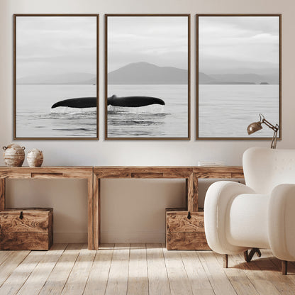 30524220-MGV-CV-36X24-Whale Tail Wall Art Canvas Print, Framed Black White Ocean Art Picture Print, Calm Marine Perfect Minimalist Coastal Decor Artwork