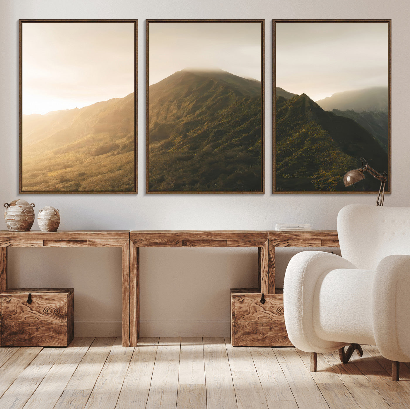 42338636-MGV-CV-36X24-Golden Mountain Wall Art Canvas Print, Framed Misty Summit Art Picture Print, Rugged Landscape Perfect Moody Wilderness Decor