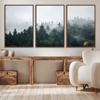 84146572-MGV-CV-36X24-Foggy Pine Trees Wall Art Canvas Print, Framed Forest Nature Art Picture Print, Evergreen Forest Perfect Scandinavian Minimalist