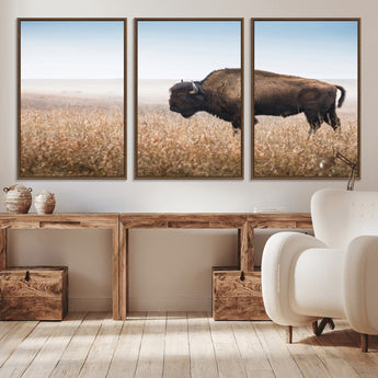 99620201-MGV-CV-36X24-Wild Bison Wall Art Canvas Print, Framed Bison in Prairie Art Picture Print, Rustic Western Perfect Rustic Western Decor Artwork