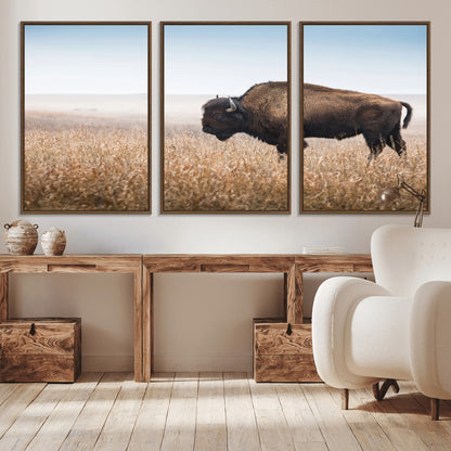 99620201-MGV-CV-36X24-Wild Bison Wall Art Canvas Print, Framed Bison in Prairie Art Picture Print, Rustic Western Perfect Rustic Western Decor Artwork