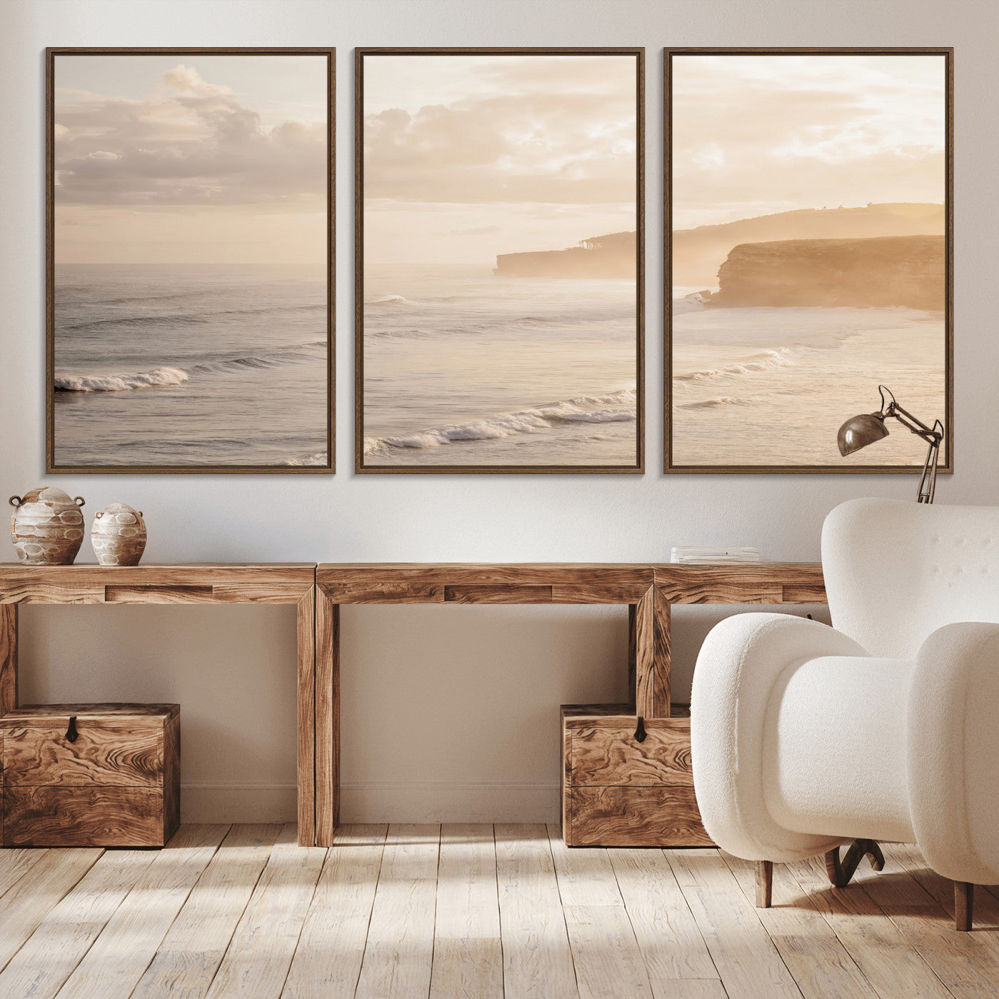 57669769-MGV-CV-36X24-Misty Coastal Wall Art Canvas Print, Framed Golden Sunset Art Picture Print, Serene Shoreline Perfect Tranquil Coastal Decor