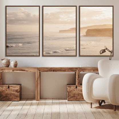 57669769-MGV-CV-36X24-Misty Coastal Wall Art Canvas Print, Framed Golden Sunset Art Picture Print, Serene Shoreline Perfect Tranquil Coastal Decor