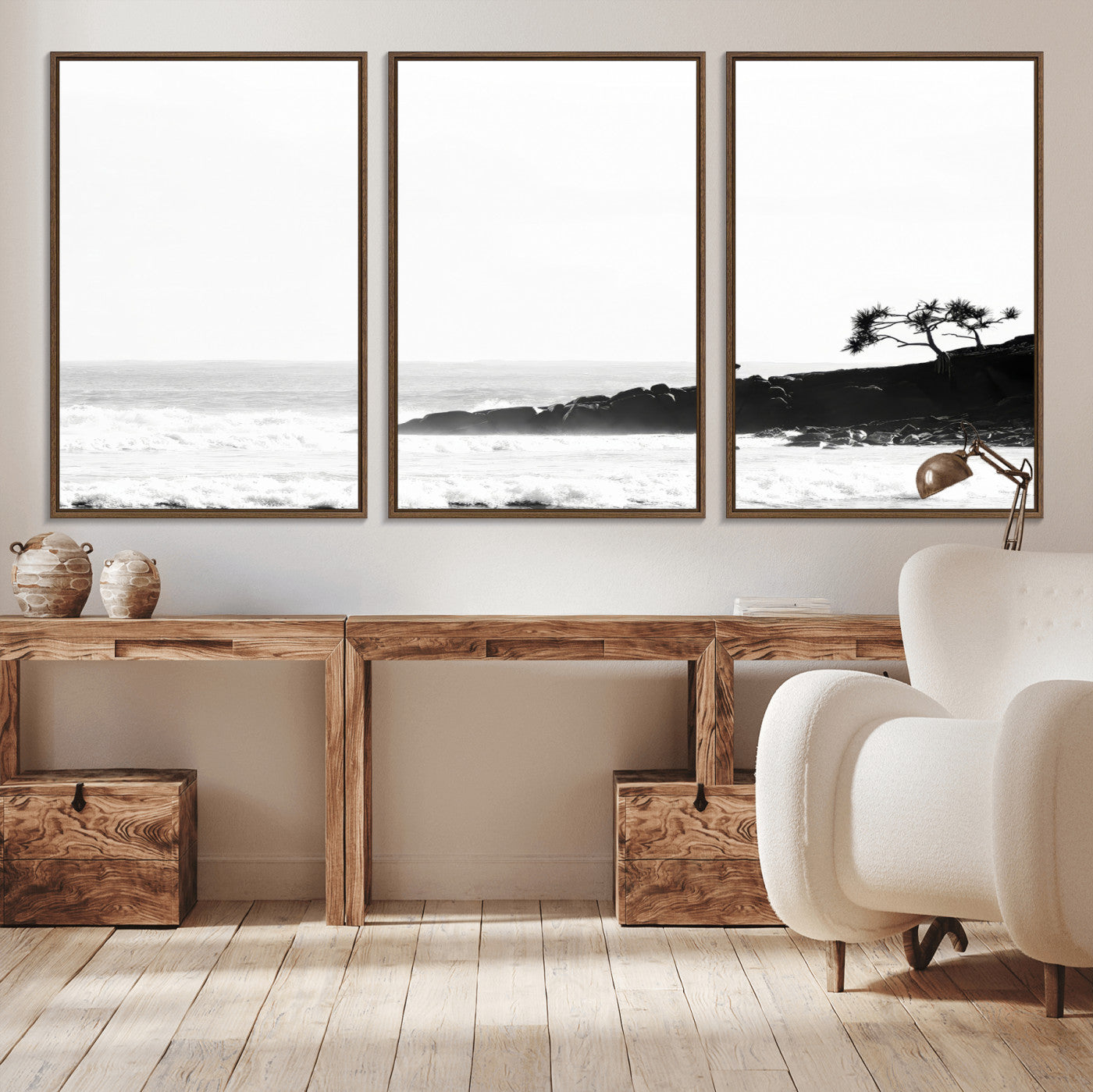 40875891-MGV-CV-36X24-SurferCliffs Wall Art Canvas Print, Framed Black White Beach Art Picture Print, Ocean Waves Perfect Minimalist Coastal Decor