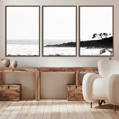 40875891-MGV-CV-36X24-SurferCliffs Wall Art Canvas Print, Framed Black White Beach Art Picture Print, Ocean Waves Perfect Minimalist Coastal Decor