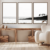 40875891-MGV-CV-36X24-SurferCliffs Wall Art Canvas Print, Framed Black White Beach Art Picture Print, Ocean Waves Perfect Minimalist Coastal Decor