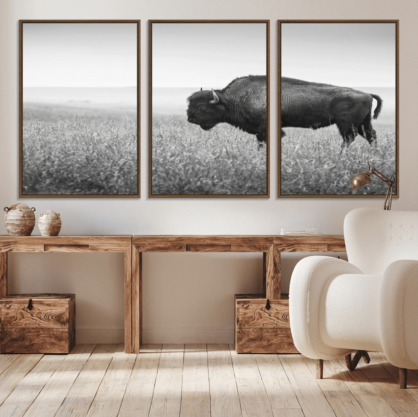 28435251-MGV-CV-36X24-Bison In Prairie Wall Art Canvas Print, Framed Rustic Wildlife Art Picture Print, Wild Buffalo Perfect Rustic Western Decor