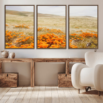 28972262-MGV-CV-36X24-Golden Wildflowers Wall Art Canvas Print, Framed Hills Bloom Art Picture Print, Poppy Meadow Perfect Rustic Nature Decor Artwork