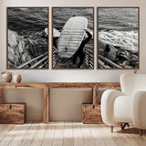 32353707-MGV-CV-36X24-Black White Surfing Wall Art Canvas Print, Framed Coastal Surfing Art Picture Print, Wave Riders Perfect Coastal Adventure Decor