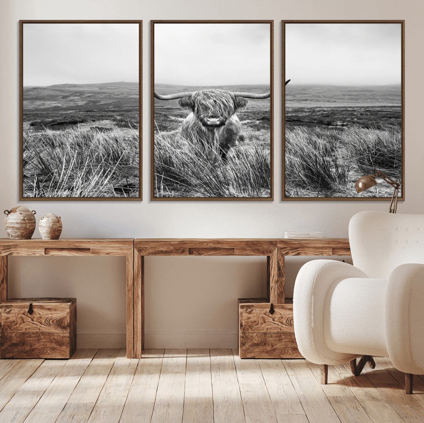 24051061-MGV-CV-36X24-Monochrome Highland Cow Wall Art Canvas Print, Framed Scottish Bull Art Picture Print, Lone Cattle Perfect Rustic Farmhouse Decor