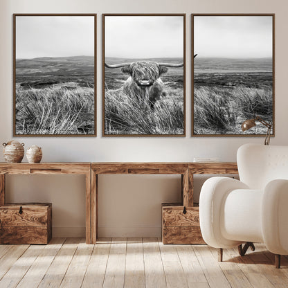 24051061-MGV-CV-36X24-Monochrome Highland Cow Wall Art Canvas Print, Framed Scottish Bull Art Picture Print, Lone Cattle Perfect Rustic Farmhouse Decor