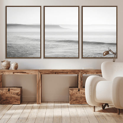 60635783-MGV-CV-36X24-Black White Seascape Wall Art Canvas Print, Framed Ocean Waves Art Picture Print, Misty Coastal Perfect Minimalist Coastal Decor