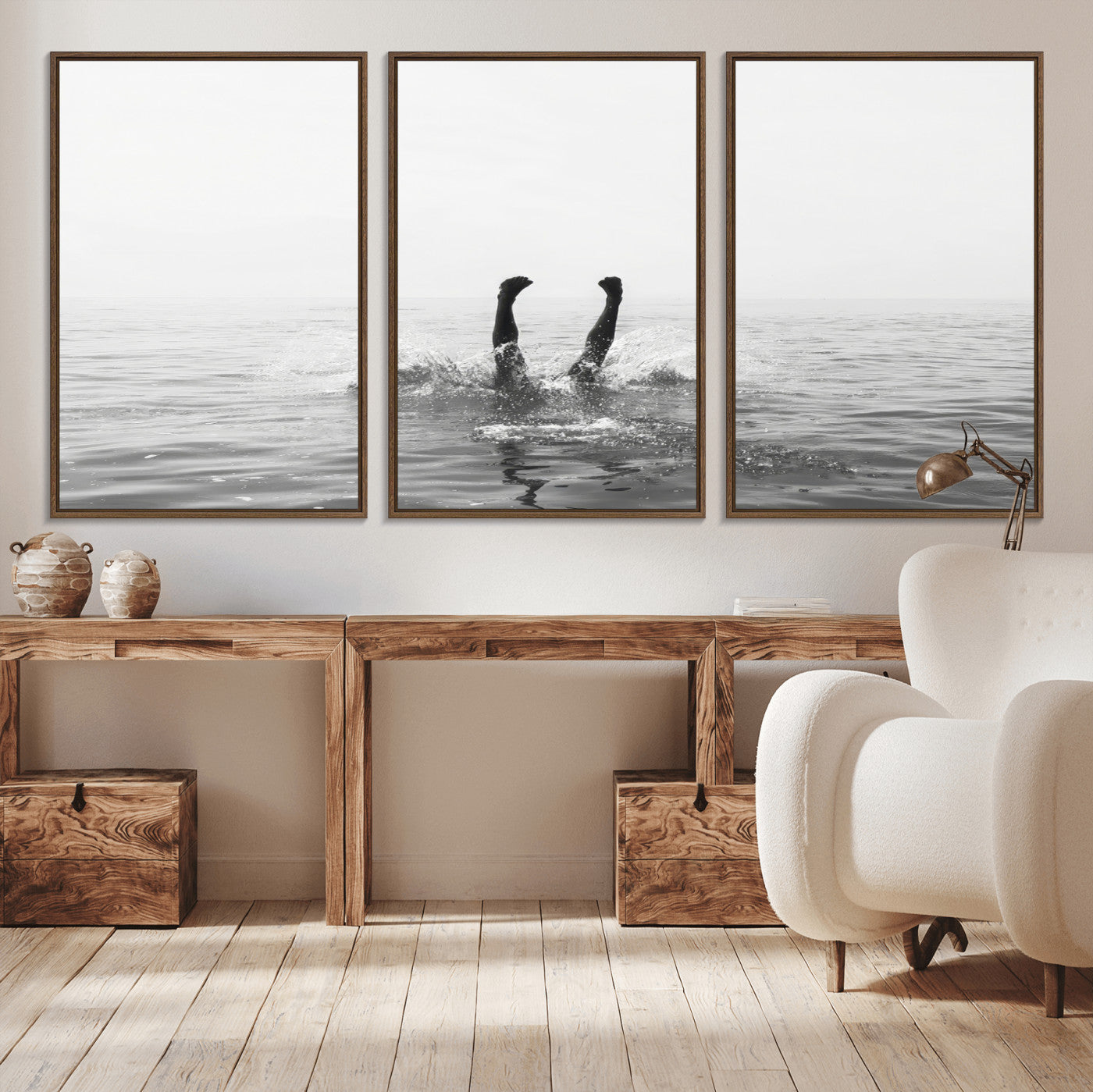 26667396-MGV-CV-36X24-Black White Ocean Wall Art Canvas Print, Framed Monochrome Water Art Picture Print, Diving into Water Perfect Minimalist Aquatic