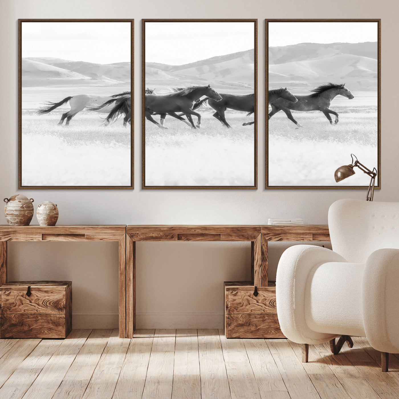 69934913-MGV-CV-36X24-Wild Horses Running Wall Art Canvas Print, Framed Black White Mustangs Art Picture Print, Rustic Western Perfect Rustic Western