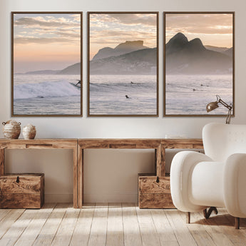 70644906-MGV-CV-36X24-Sunset Surfing Wall Art Canvas Print, Framed Misty Mountains Art Picture Print, Surfer Riding Wave Perfect Coastal Adventure Decor