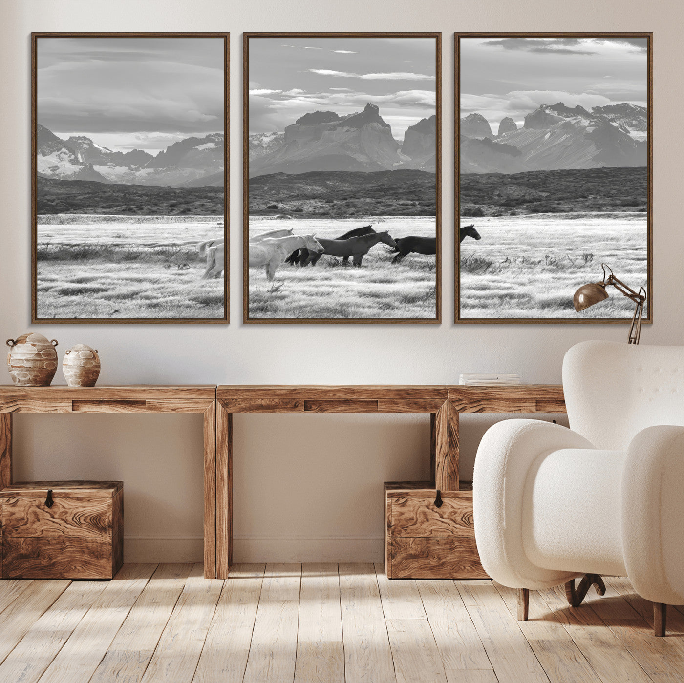 21655040-MGV-CV-36X24-Wild Horses Wall Art Canvas Print, Framed Black White Mountains Art Picture Print, Rustic Countryside Perfect Rustic Western Decor