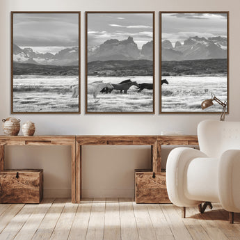 21655040-MGV-CV-36X24-Wild Horses Wall Art Canvas Print, Framed Black White Mountains Art Picture Print, Rustic Countryside Perfect Rustic Western Decor