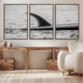 62314230-MGV-CV-36X24-Black White Surfboard Wall Art Canvas Print, Framed Minimalist Beach Art Picture Print, Surf Fin Perfect Minimalist Coastal Decor