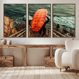 84555848-MGV-CV-36X24-Surfer Stairway Wall Art Canvas Print, Framed Ocean Surf Art Picture Print, Sunset Coastal Perfect Coastal Adventure Decor Artwork