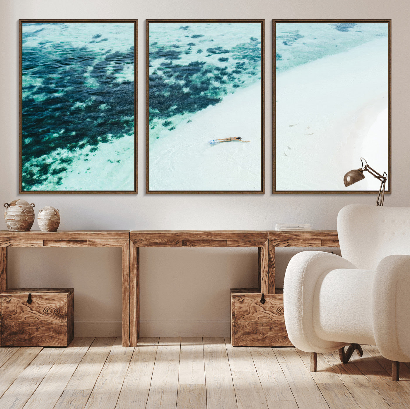 33764764-MGV-CV-36X24-Minimal Beach Wall Art Canvas Print, Framed Ocean Swimming Art Picture Print, Clear Ocean Perfect Minimal Coastal Decor Artwork