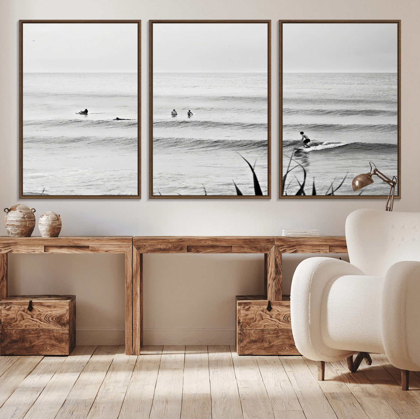 33821421-MGV-CV-36X24-Surfer Silhouette Wall Art Canvas Print, Framed Calm Ocean Art Picture Print, Monochrome Surf Perfect Minimalist Coastal Decor