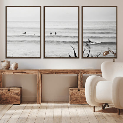 33821421-MGV-CV-36X24-Surfer Silhouette Wall Art Canvas Print, Framed Calm Ocean Art Picture Print, Monochrome Surf Perfect Minimalist Coastal Decor