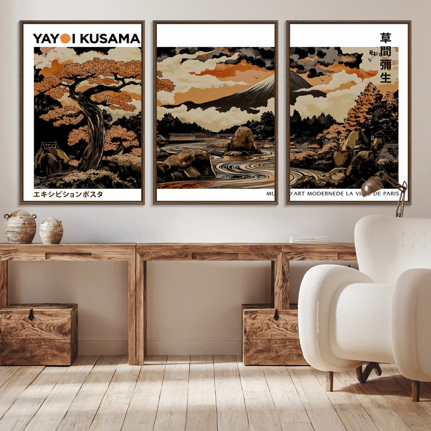 96372548-MGV-CV-36X24-Japanese Landscape Wall Art Print – Mt. Fuji Poster with Bonsai Tree & River, Ukiyo-e Inspired Modern Japanese Artwork, Autumn