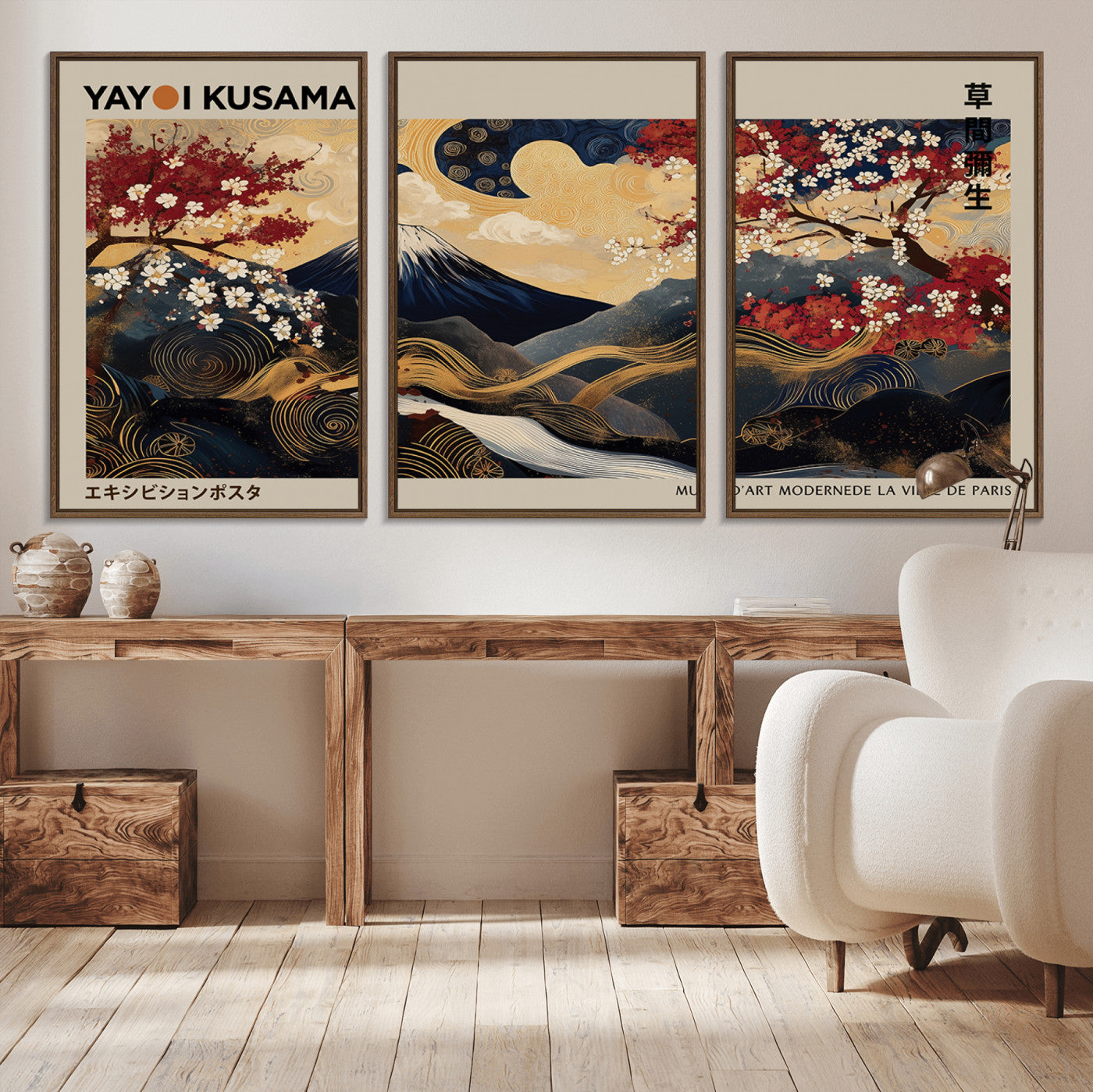 54967195-MGV-CV-36X24-Mount Fuji Wall Art – Japanese Cherry Blossom Abstract Canvas Print, Navy Gold Landscape Painting, Oriental Luxury Home Decor