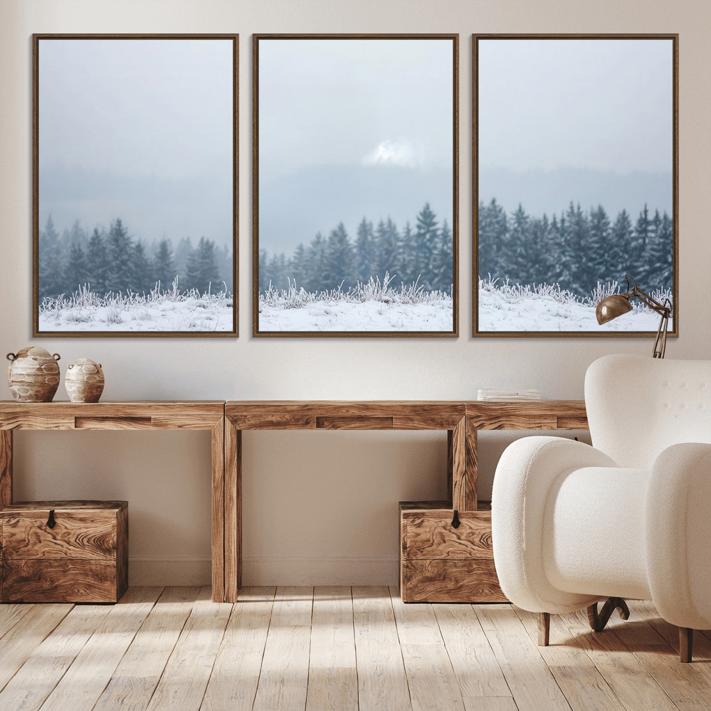 33033082-MGV-CV-36X24-Winter Forest Art Wall Art Canvas Print, Framed Snowy Landscape Art Picture Print, Misty Tree Scene Perfect Nordic Minimalist