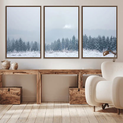 33033082-MGV-CV-36X24-Winter Forest Art Wall Art Canvas Print, Framed Snowy Landscape Art Picture Print, Misty Tree Scene Perfect Nordic Minimalist