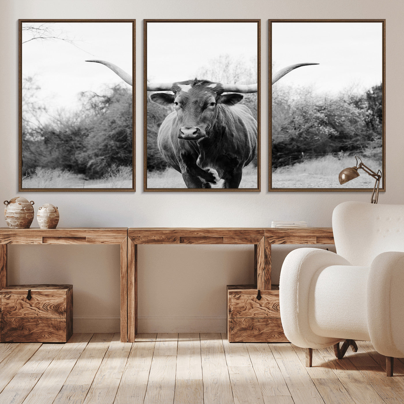 97280319-MGV-CV-36X24-Longhorn Photography Wall Art Canvas Print, Framed Western Cow Decor Art Picture Print, Texas Ranch Style Perfect Rustic Farmhouse
