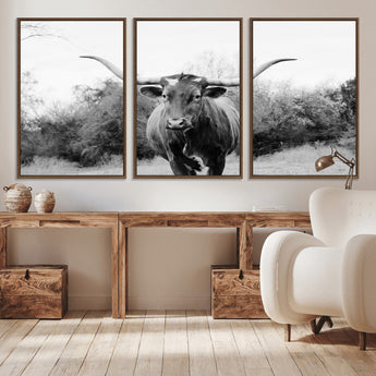 97280319-MGV-CV-36X24-Longhorn Photography Wall Art Canvas Print, Framed Western Cow Decor Art Picture Print, Texas Ranch Style Perfect Rustic Farmhouse