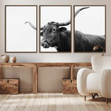 99244177-MGV-CV-36X24-Longhorn Photography Wall Art Canvas Print, Framed Western Cow Decor Art Picture Print, Black White Bull Perfect Modern Rustic