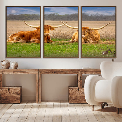 97244565-MGV-CV-36X24-Longhorn Duo Wall Art Canvas Print, Framed Cozy Ranch Vibes Art Picture Print, Western Ranch Decor Perfect Rustic Farmhouse Decor