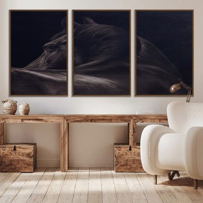 67026880-MGV-CV-36X24-Black Horse Portrait Wall Art Canvas Print, Framed Moody Horse Decor Art Picture Print, Equestrian Wall Style Perfect Masculine