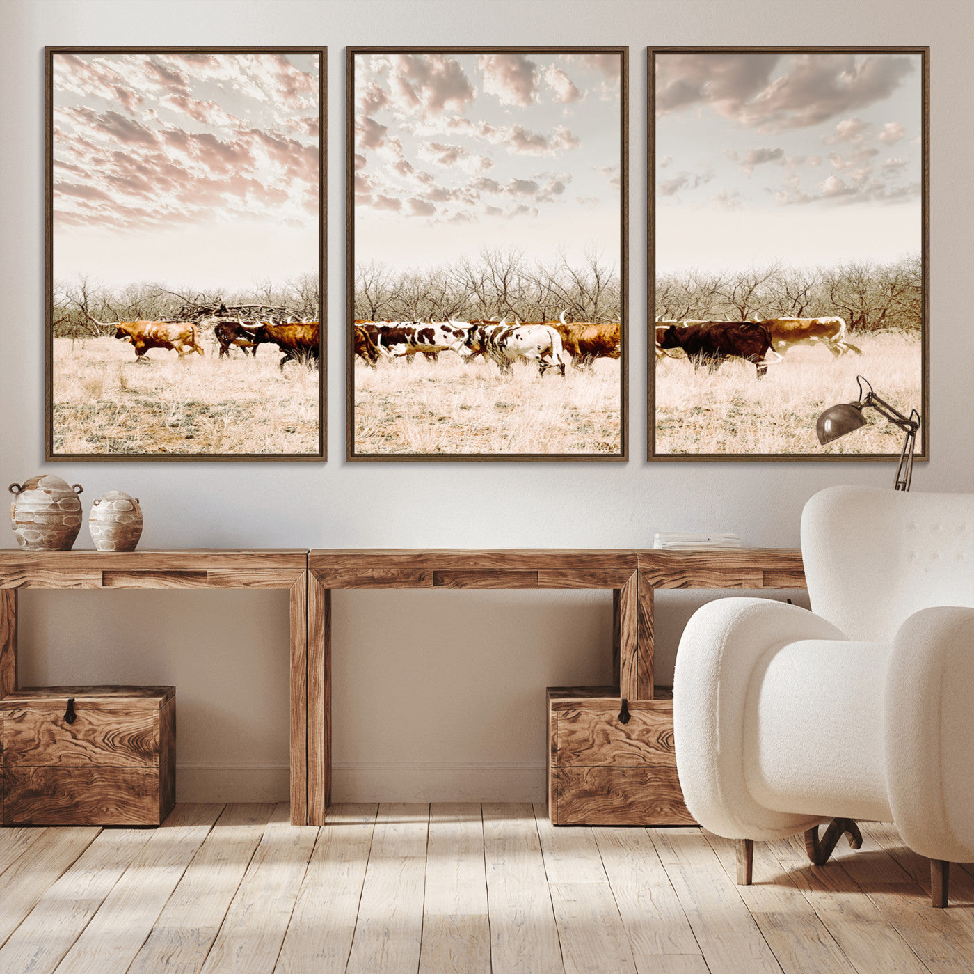 57389417-MGV-CV-36X24-Cow Herd Photography Wall Art Canvas Print, Framed Rustic Farmhouse Decor Art Picture Print, Western Ranch Style Perfect Rustic