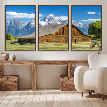 75948467-MGV-CV-36X24-Mountain Barn Scene Wall Art Canvas Print, Framed Rustic Farmhouse Style Art Picture Print, Country Cabin Decor Perfect Rustic