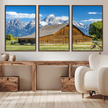 75948467-MGV-CV-36X24-Mountain Barn Scene Wall Art Canvas Print, Framed Rustic Farmhouse Style Art Picture Print, Country Cabin Decor Perfect Rustic