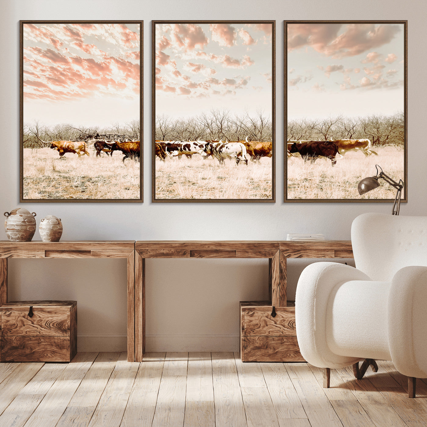 43704663-MGV-CV-36X24-Country Cow Herd Wall Art Canvas Print, Framed Farmhouse Cattle Scene Art Picture Print, Rustic Ranch Decor Perfect Rustic