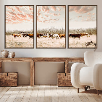 43704663-MGV-CV-36X24-Country Cow Herd Wall Art Canvas Print, Framed Farmhouse Cattle Scene Art Picture Print, Rustic Ranch Decor Perfect Rustic
