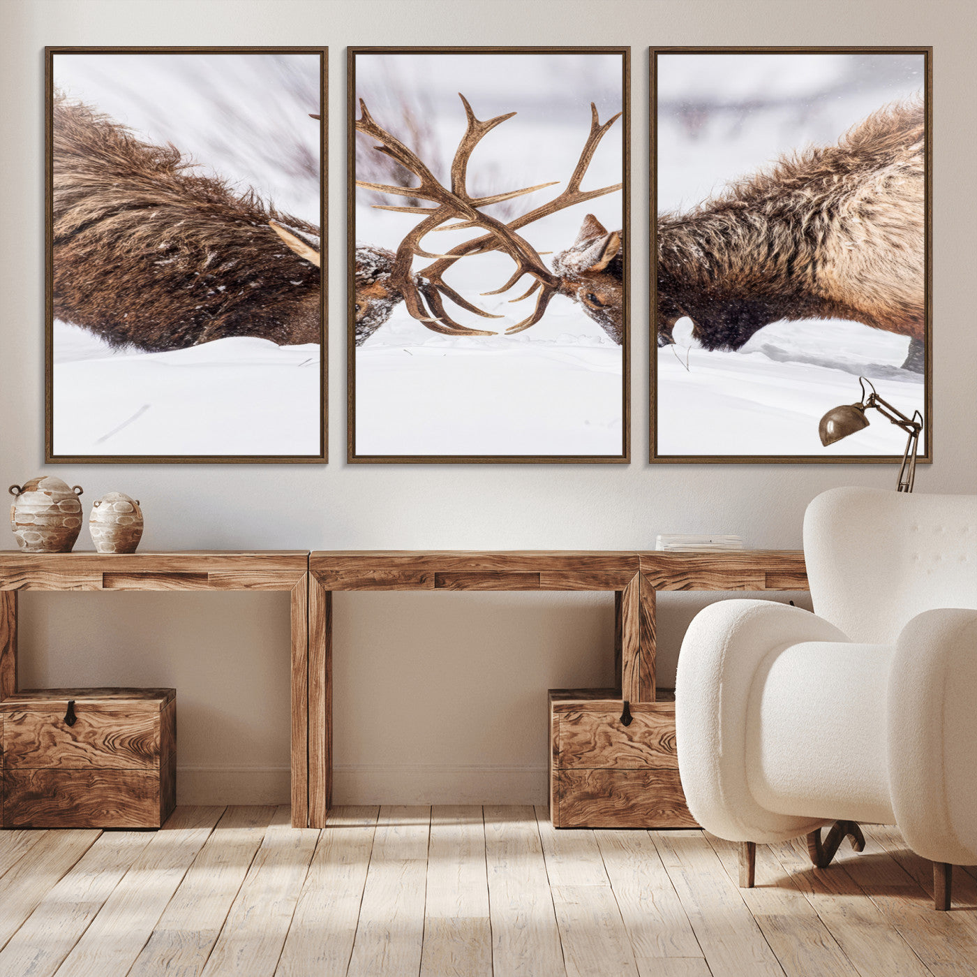 36507609-MGV-CV-36X24-Elk Clash Scene Wall Art Canvas Print, Framed Wildlife Strength Decor Art Picture Print, Snowy Forest Elk Perfect Rustic Lodge