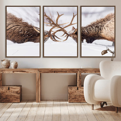 36507609-MGV-FC-60X30-3P_Walnut-Elk Clash Scene Wall Art Canvas Print, Framed Wildlife Strength Decor Art Picture Print, Snowy Forest Elk Perfect Rustic Lodge