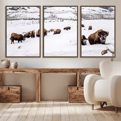 13891210-MGV-CV-36X24-Bison Herd Scene Wall Art Canvas Print, Framed Western Wildlife Decor Art Picture Print, Snowy Mountain Valley Perfect Rustic