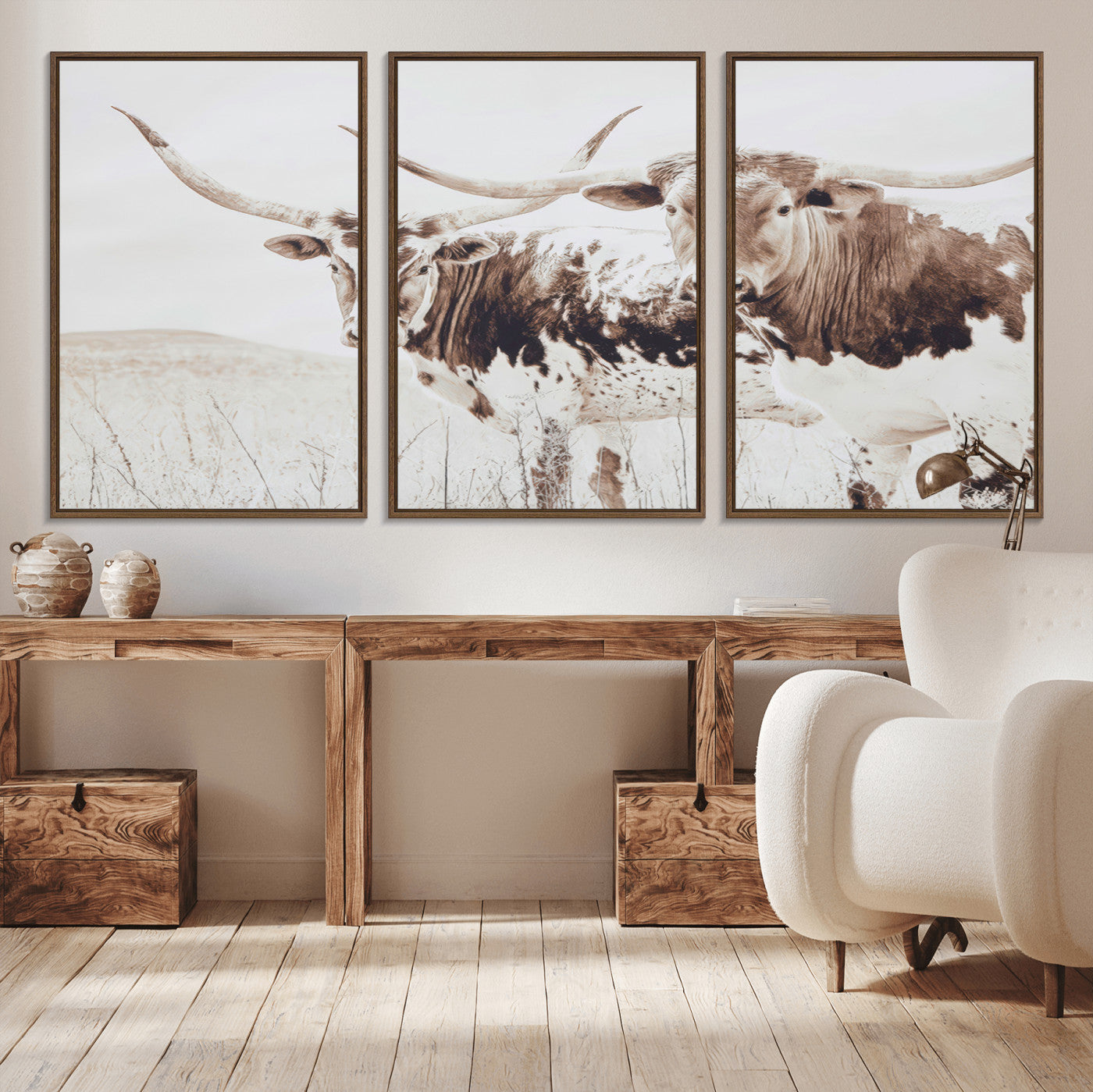 48161868-MGV-CV-36X24-Longhorn Cow Decor Wall Art Canvas Print, Framed Rustic Cattle Art Picture Print, Sepia Western Vibe Perfect Neutral Rustic