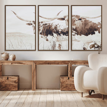48161868-MGV-CV-36X24-Longhorn Cow Decor Wall Art Canvas Print, Framed Rustic Cattle Art Picture Print, Sepia Western Vibe Perfect Neutral Rustic
