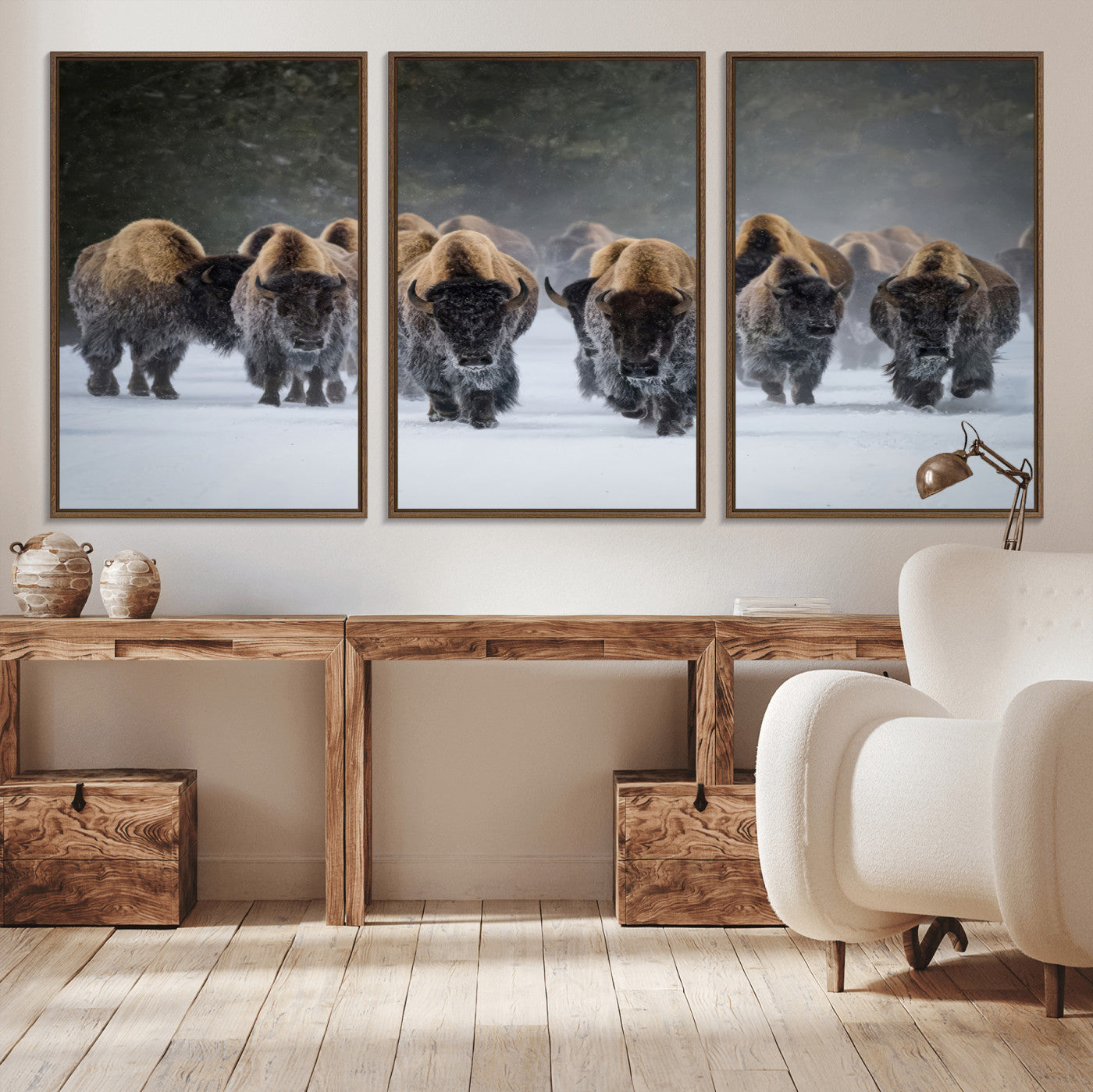 41669135-MGV-CV-36X24-Bison Herd Scene Wall Art Canvas Print, Framed Rustic Wildlife Decor Art Picture Print, Snowy Bison Landscape Perfect Rustic