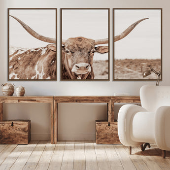 77810049-MGV-CV-36X24-Longhorn Bull Photo Wall Art Canvas Print, Framed Rustic Cow Decor Art Picture Print, Neutral Farmhouse Style Perfect Rustic