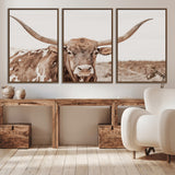 77810049-MGV-CV-36X24-Longhorn Bull Photo Wall Art Canvas Print, Framed Rustic Cow Decor Art Picture Print, Neutral Farmhouse Style Perfect Rustic