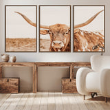 74406977-MGV-CV-36X24-Longhorn Bull Decor Wall Art Canvas Print, Framed Western Cow Theme Art Picture Print, Rustic Farmhouse Wall Perfect Neutral
