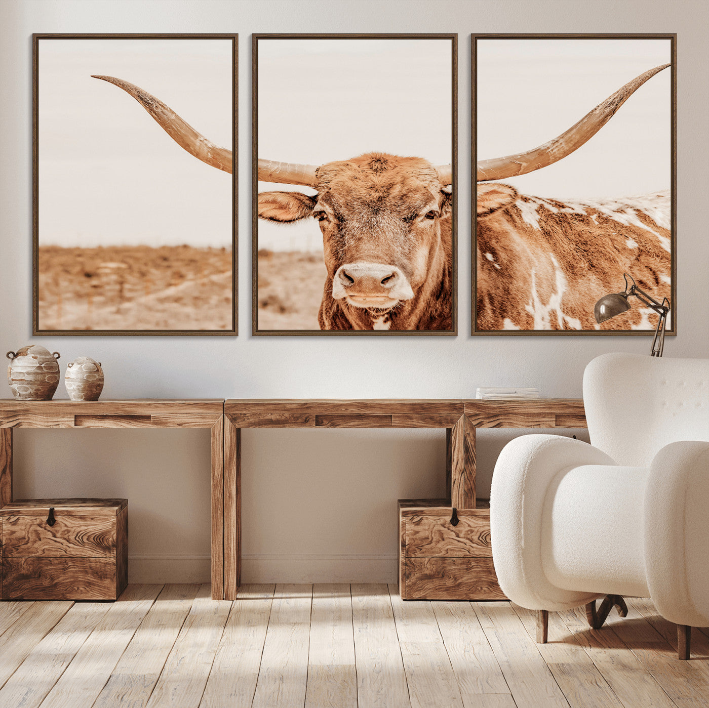 74406977-MGV-CV-36X24-Longhorn Bull Decor Wall Art Canvas Print, Framed Western Cow Theme Art Picture Print, Rustic Farmhouse Wall Perfect Neutral